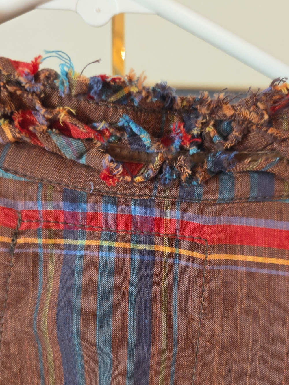 Cino Frayed Ruffle Fringe Plaid Button-Up Shirt Brown Red Blue Large Cotton - Picture 5 of 14